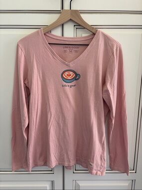 Life Is Good Coffee Love Crusher Long Sleeve Beach Tshirt Pink Women’s Medium